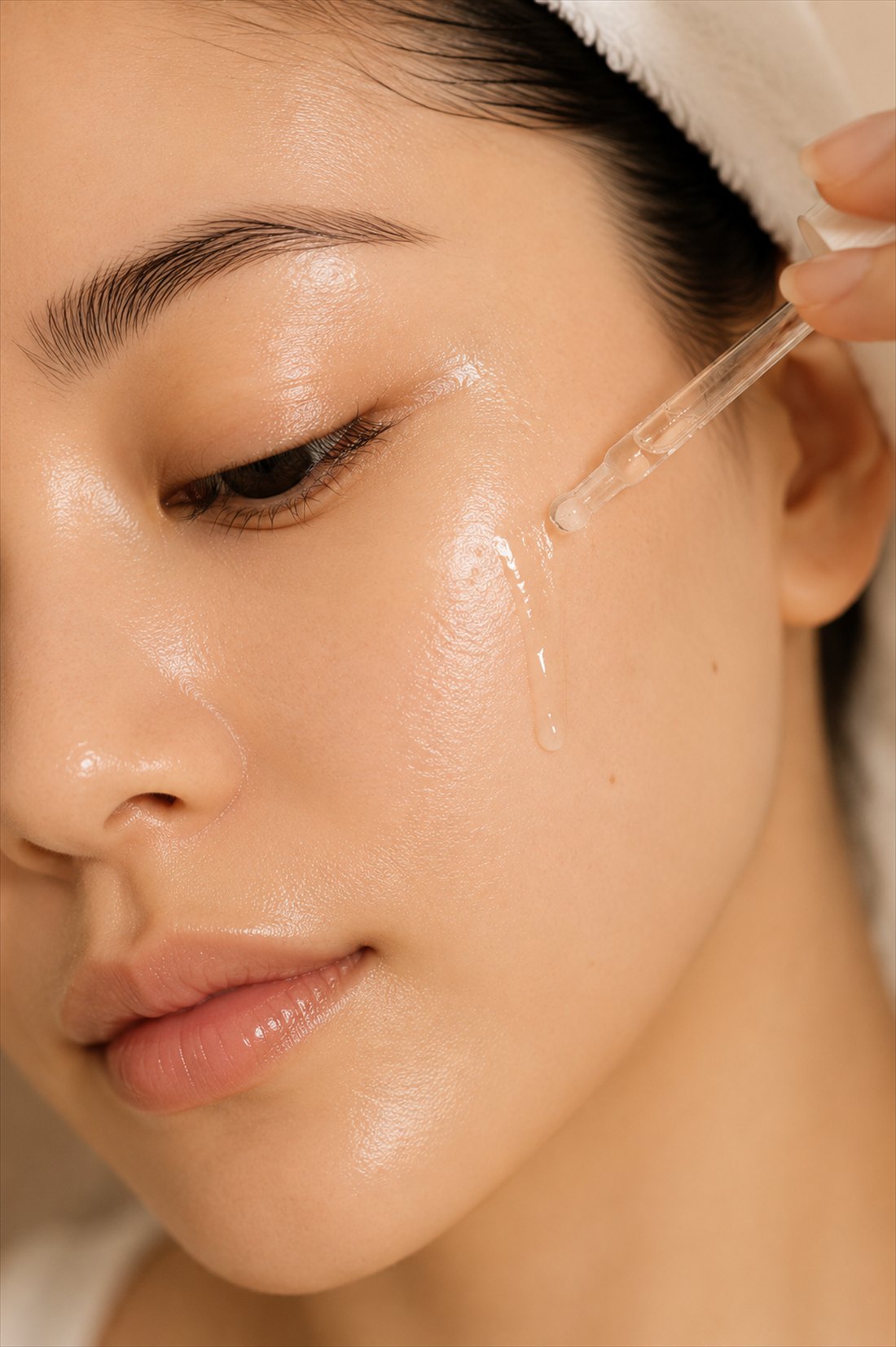 A dropper applying a hydrating serum to the skin